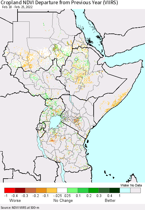 Eastern Africa Cropland NDVI Departure from Previous Year (VIIRS) Thematic Map For 2/18/2022 - 2/25/2022