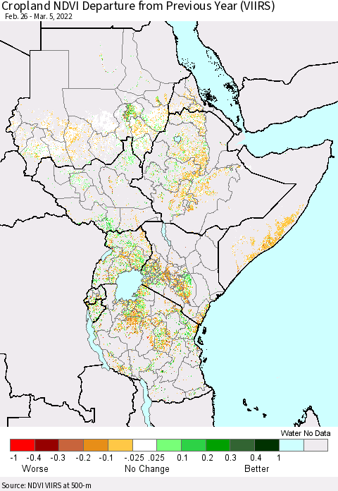 Eastern Africa Cropland NDVI Departure from Previous Year (VIIRS) Thematic Map For 2/26/2022 - 3/5/2022