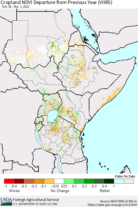 Eastern Africa Cropland NDVI Departure from Previous Year (VIIRS) Thematic Map For 3/1/2022 - 3/10/2022