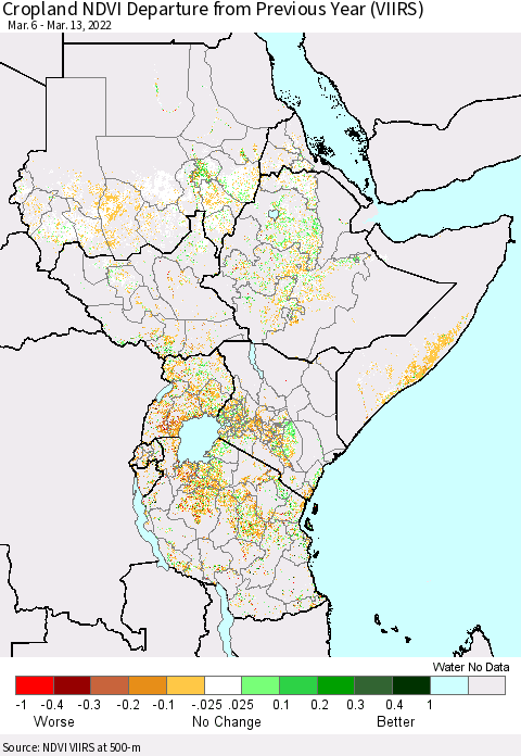 Eastern Africa Cropland NDVI Departure from Previous Year (VIIRS) Thematic Map For 3/6/2022 - 3/13/2022