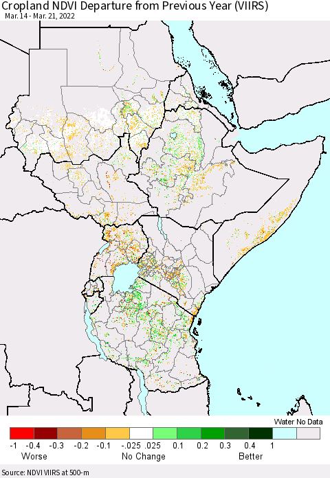 Eastern Africa Cropland NDVI Departure from Previous Year (VIIRS) Thematic Map For 3/14/2022 - 3/21/2022