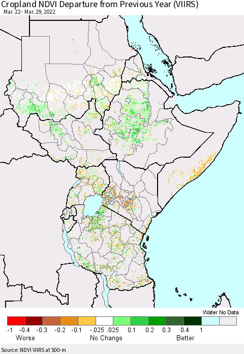 Eastern Africa Cropland NDVI Departure from Previous Year (VIIRS) Thematic Map For 3/22/2022 - 3/29/2022