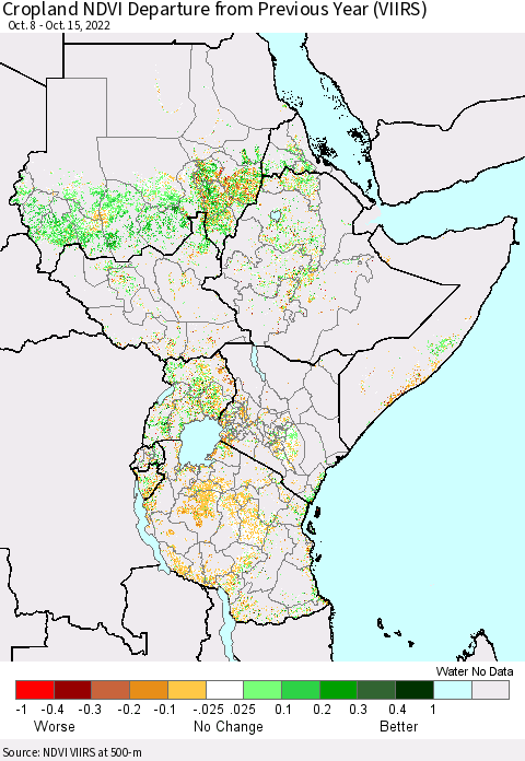 Eastern Africa Cropland NDVI Departure from Previous Year (VIIRS) Thematic Map For 10/8/2022 - 10/15/2022