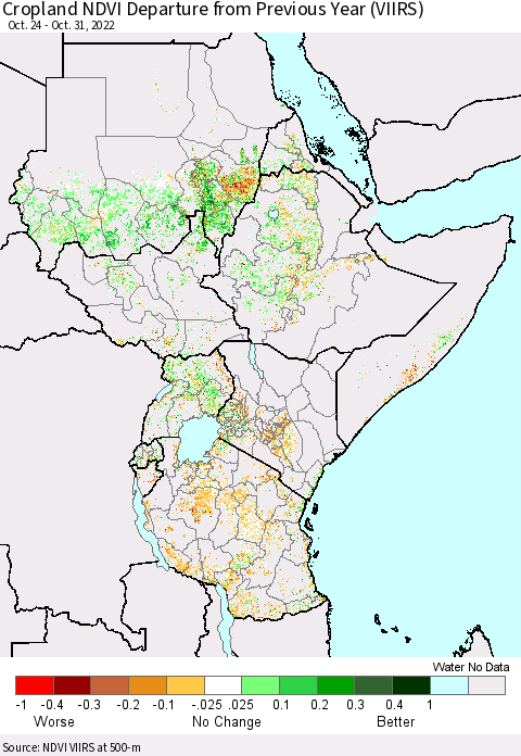 Eastern Africa Cropland NDVI Departure from Previous Year (VIIRS) Thematic Map For 10/24/2022 - 10/31/2022