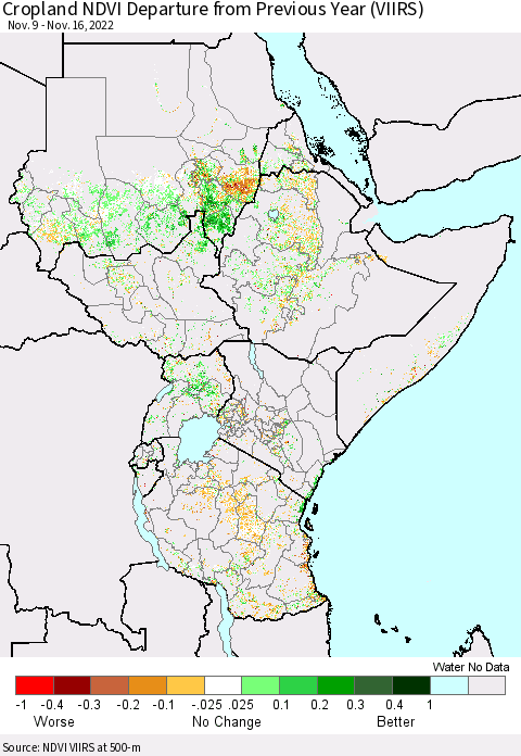 Eastern Africa Cropland NDVI Departure from Previous Year (VIIRS) Thematic Map For 11/9/2022 - 11/16/2022