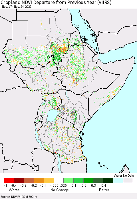 Eastern Africa Cropland NDVI Departure from Previous Year (VIIRS) Thematic Map For 11/17/2022 - 11/24/2022