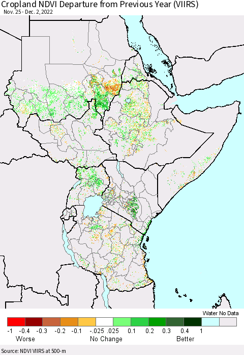 Eastern Africa Cropland NDVI Departure from Previous Year (VIIRS) Thematic Map For 11/25/2022 - 12/2/2022