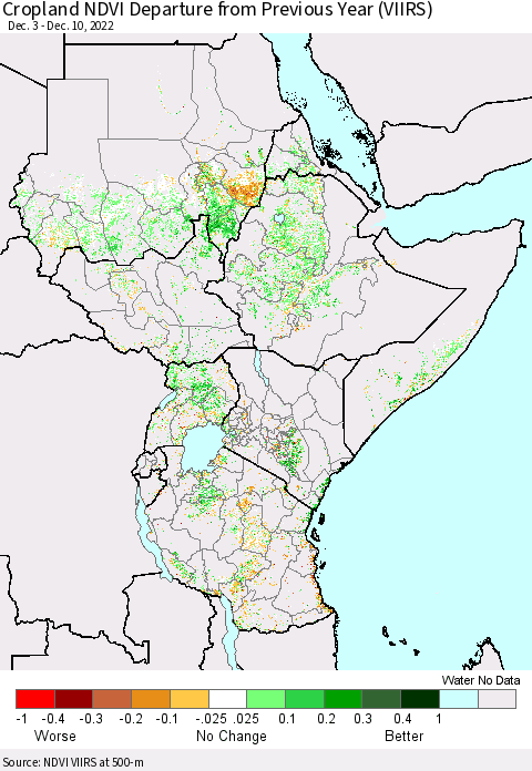 Eastern Africa Cropland NDVI Departure from Previous Year (VIIRS) Thematic Map For 12/3/2022 - 12/10/2022