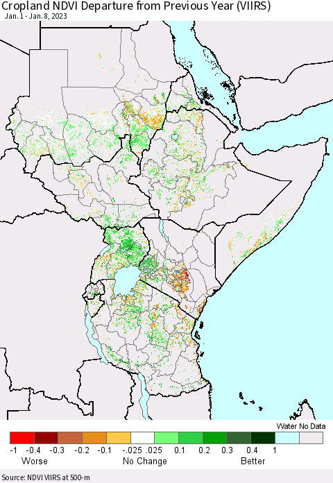 Eastern Africa Cropland NDVI Departure from Previous Year (VIIRS) Thematic Map For 1/1/2023 - 1/8/2023