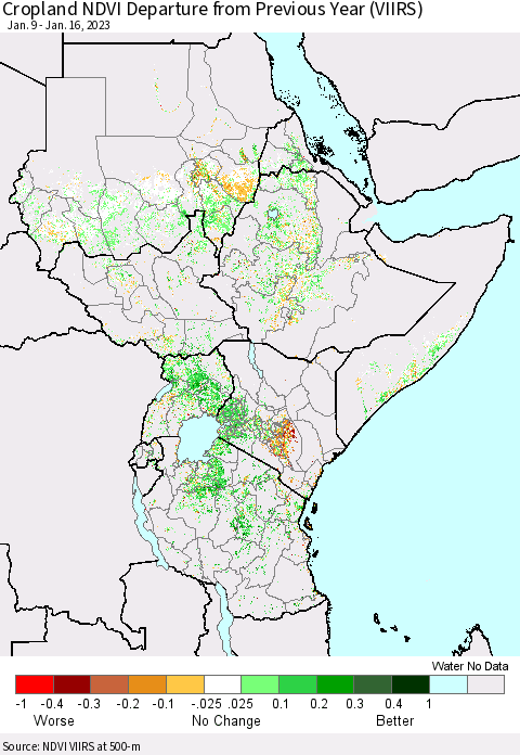 Eastern Africa Cropland NDVI Departure from Previous Year (VIIRS) Thematic Map For 1/9/2023 - 1/16/2023