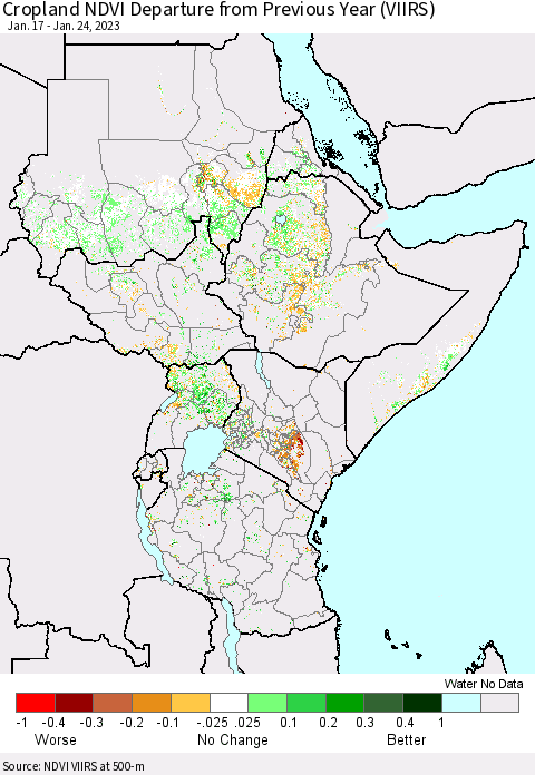 Eastern Africa Cropland NDVI Departure from Previous Year (VIIRS) Thematic Map For 1/17/2023 - 1/24/2023