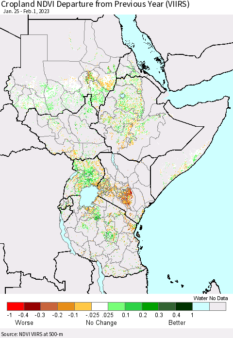 Eastern Africa Cropland NDVI Departure from Previous Year (VIIRS) Thematic Map For 1/25/2023 - 2/1/2023