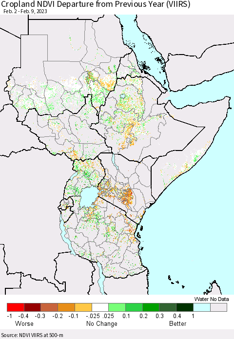 Eastern Africa Cropland NDVI Departure from Previous Year (VIIRS) Thematic Map For 2/2/2023 - 2/9/2023