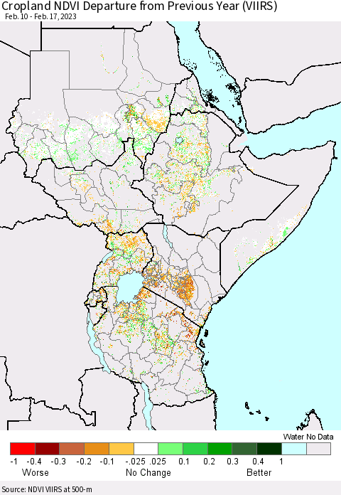 Eastern Africa Cropland NDVI Departure from Previous Year (VIIRS) Thematic Map For 2/10/2023 - 2/17/2023