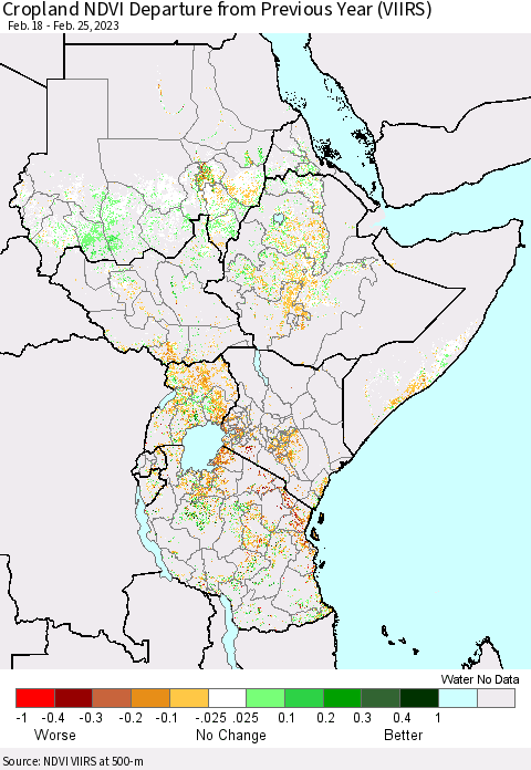 Eastern Africa Cropland NDVI Departure from Previous Year (VIIRS) Thematic Map For 2/18/2023 - 2/25/2023