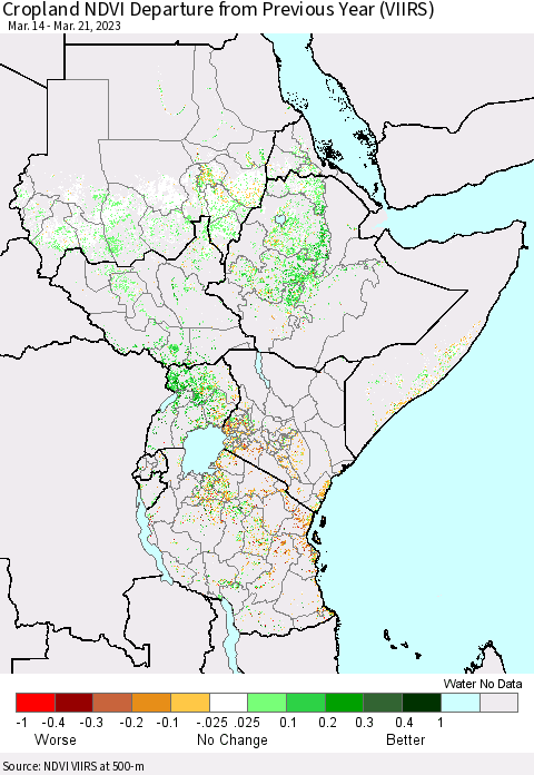 Eastern Africa Cropland NDVI Departure from Previous Year (VIIRS) Thematic Map For 3/14/2023 - 3/21/2023