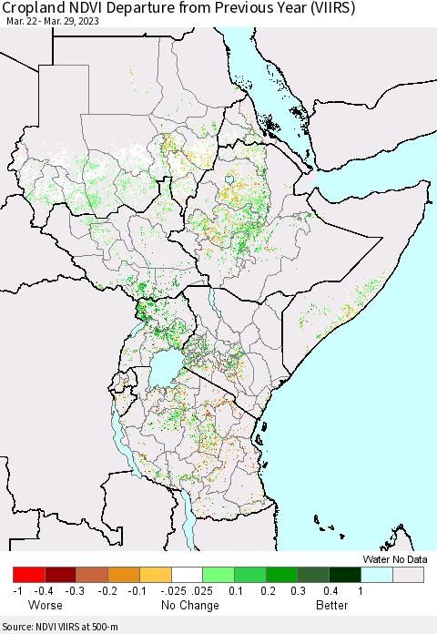 Eastern Africa Cropland NDVI Departure from Previous Year (VIIRS) Thematic Map For 3/22/2023 - 3/29/2023