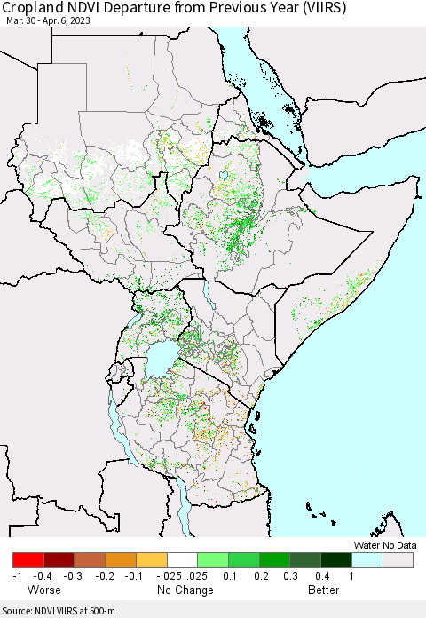 Eastern Africa Cropland NDVI Departure from Previous Year (VIIRS) Thematic Map For 3/30/2023 - 4/6/2023