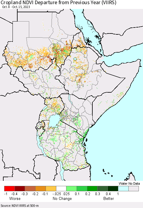 Eastern Africa Cropland NDVI Departure from Previous Year (VIIRS) Thematic Map For 10/8/2023 - 10/15/2023