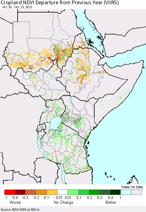 Eastern Africa Cropland NDVI Departure from Previous Year (VIIRS) Thematic Map For 10/16/2023 - 10/23/2023