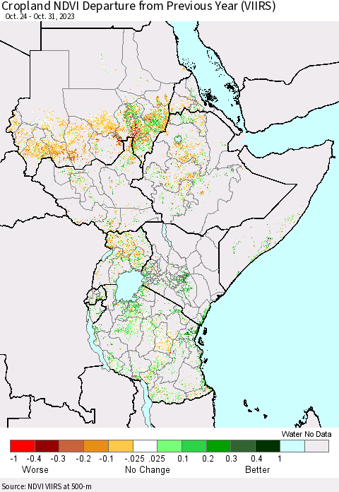 Eastern Africa Cropland NDVI Departure from Previous Year (VIIRS) Thematic Map For 10/24/2023 - 10/31/2023
