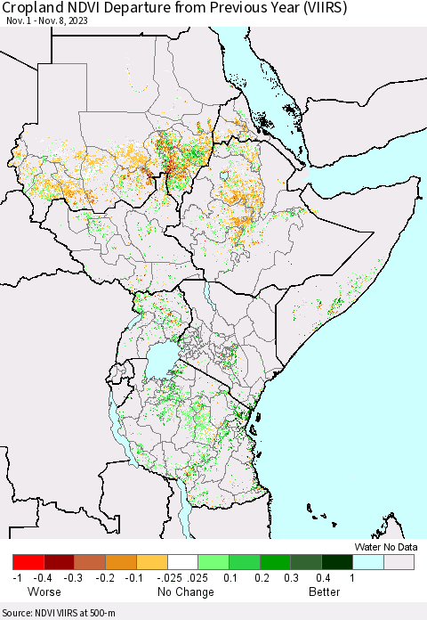 Eastern Africa Cropland NDVI Departure from Previous Year (VIIRS) Thematic Map For 11/1/2023 - 11/8/2023