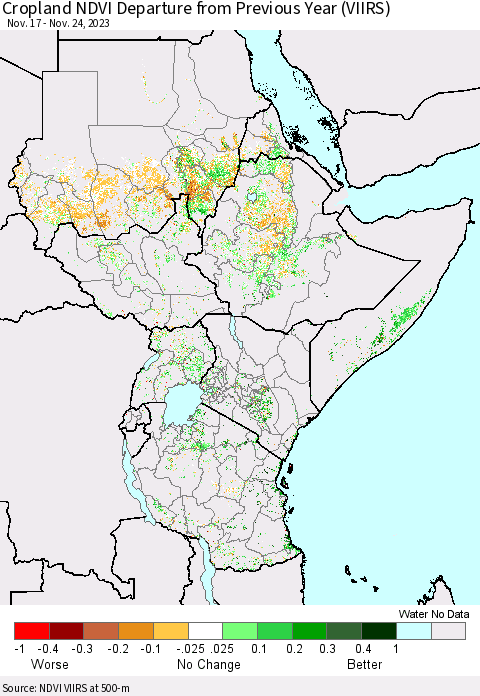 Eastern Africa Cropland NDVI Departure from Previous Year (VIIRS) Thematic Map For 11/17/2023 - 11/24/2023