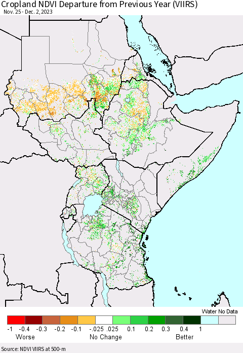 Eastern Africa Cropland NDVI Departure from Previous Year (VIIRS) Thematic Map For 11/25/2023 - 12/2/2023