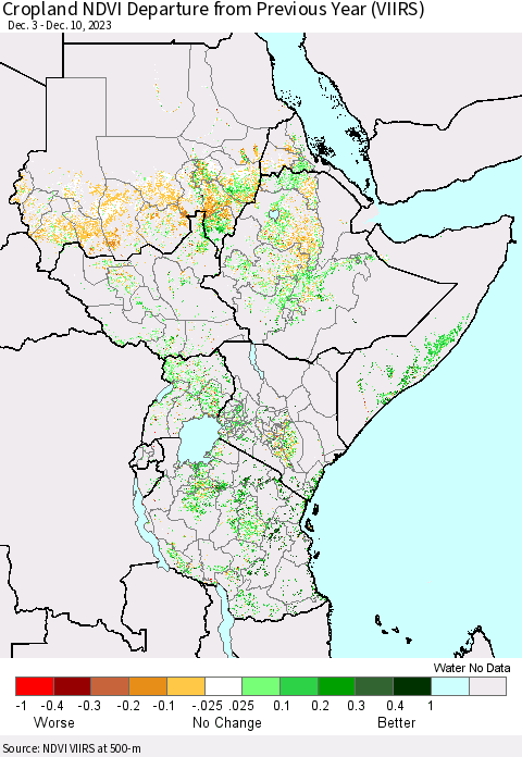 Eastern Africa Cropland NDVI Departure from Previous Year (VIIRS) Thematic Map For 12/3/2023 - 12/10/2023