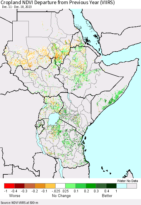 Eastern Africa Cropland NDVI Departure from Previous Year (VIIRS) Thematic Map For 12/11/2023 - 12/18/2023