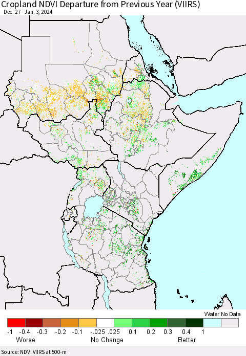 Eastern Africa Cropland NDVI Departure from Previous Year (VIIRS) Thematic Map For 12/27/2023 - 1/3/2024