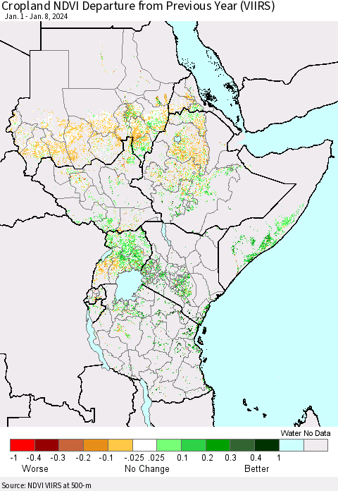 Eastern Africa Cropland NDVI Departure from Previous Year (VIIRS) Thematic Map For 1/1/2024 - 1/8/2024