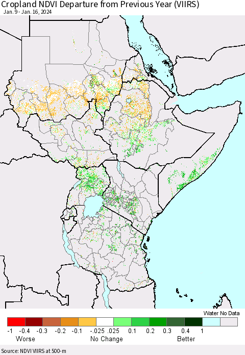 Eastern Africa Cropland NDVI Departure from Previous Year (VIIRS) Thematic Map For 1/9/2024 - 1/16/2024