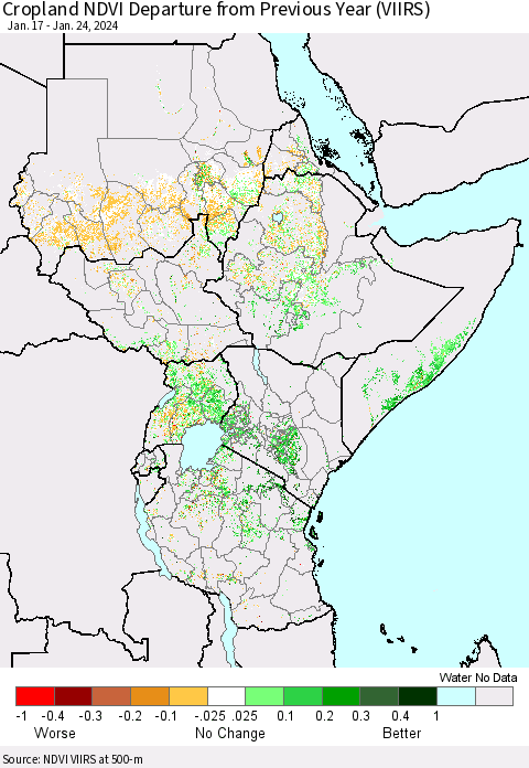 Eastern Africa Cropland NDVI Departure from Previous Year (VIIRS) Thematic Map For 1/17/2024 - 1/24/2024