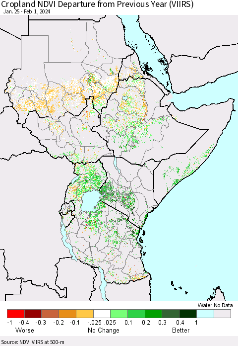 Eastern Africa Cropland NDVI Departure from Previous Year (VIIRS) Thematic Map For 1/25/2024 - 2/1/2024