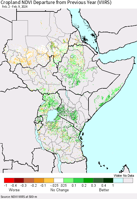 Eastern Africa Cropland NDVI Departure from Previous Year (VIIRS) Thematic Map For 2/2/2024 - 2/9/2024
