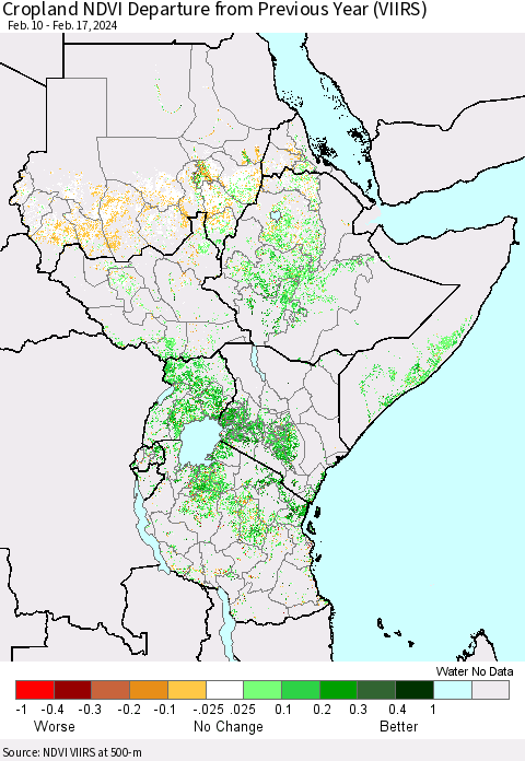 Eastern Africa Cropland NDVI Departure from Previous Year (VIIRS) Thematic Map For 2/10/2024 - 2/17/2024