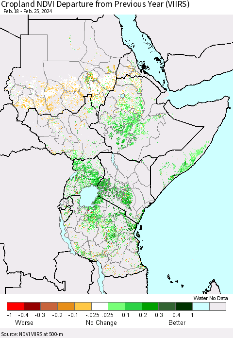 Eastern Africa Cropland NDVI Departure from Previous Year (VIIRS) Thematic Map For 2/18/2024 - 2/25/2024