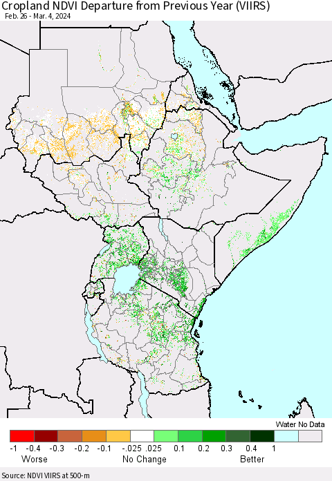Eastern Africa Cropland NDVI Departure from Previous Year (VIIRS) Thematic Map For 2/26/2024 - 3/4/2024