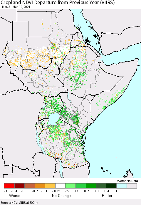 Eastern Africa Cropland NDVI Departure from Previous Year (VIIRS) Thematic Map For 3/5/2024 - 3/12/2024