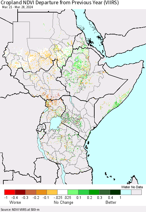 Eastern Africa Cropland NDVI Departure from Previous Year (VIIRS) Thematic Map For 3/21/2024 - 3/28/2024