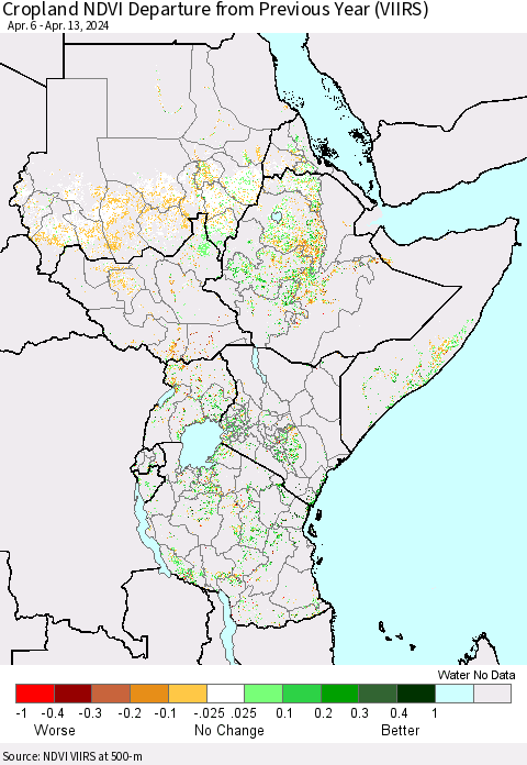 Eastern Africa Cropland NDVI Departure from Previous Year (VIIRS) Thematic Map For 4/6/2024 - 4/13/2024