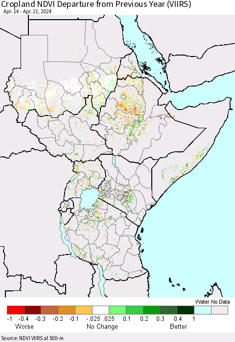 Eastern Africa Cropland NDVI Departure from Previous Year (VIIRS) Thematic Map For 4/14/2024 - 4/21/2024
