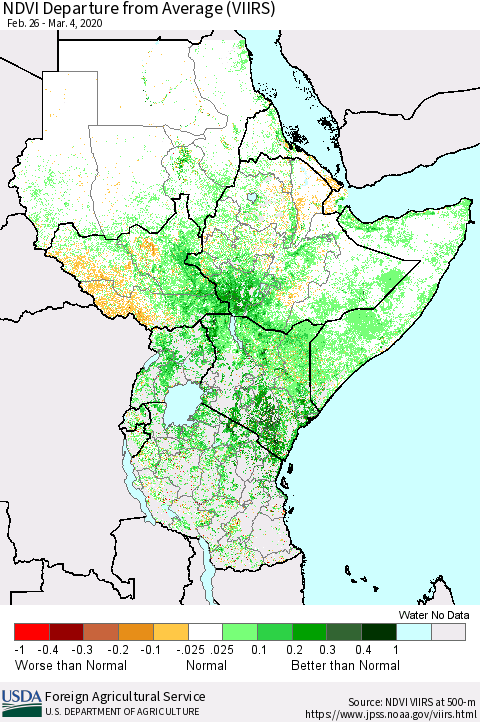 Eastern Africa NDVI Departure from Average (VIIRS) Thematic Map For 3/1/2020 - 3/10/2020