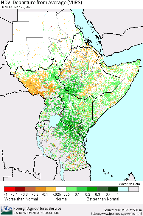 Eastern Africa NDVI Departure from Average (VIIRS) Thematic Map For 3/11/2020 - 3/20/2020