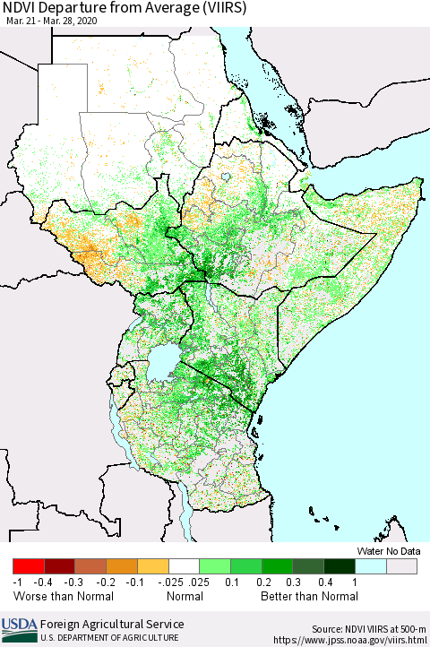 Eastern Africa NDVI Departure from Average (VIIRS) Thematic Map For 3/21/2020 - 3/31/2020