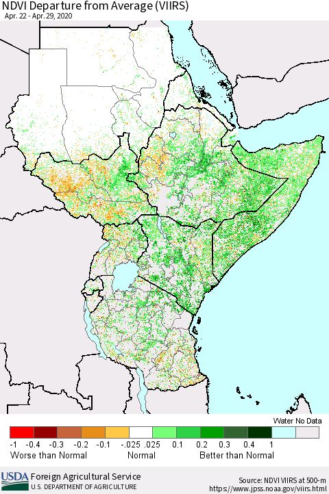 Eastern Africa NDVI Departure from Average (VIIRS) Thematic Map For 4/21/2020 - 4/30/2020