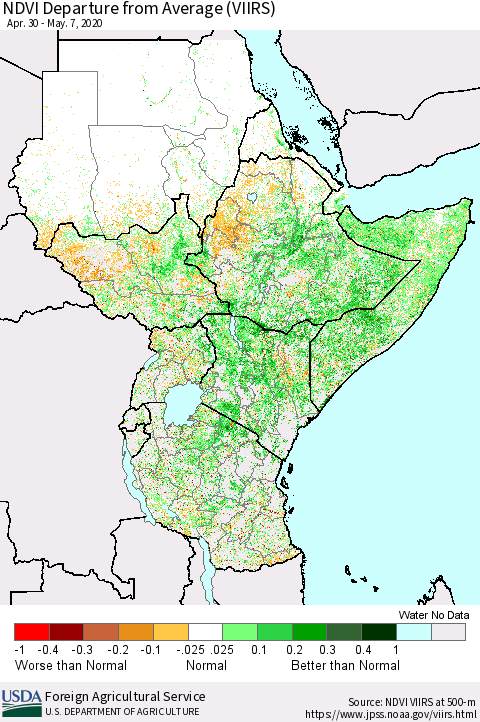 Eastern Africa NDVI Departure from Average (VIIRS) Thematic Map For 5/1/2020 - 5/10/2020