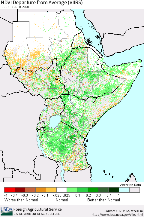 Eastern Africa NDVI Departure from Average (VIIRS) Thematic Map For 7/1/2020 - 7/10/2020