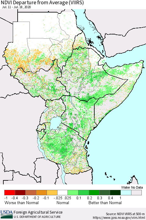 Eastern Africa NDVI Departure from Average (VIIRS) Thematic Map For 7/11/2020 - 7/20/2020